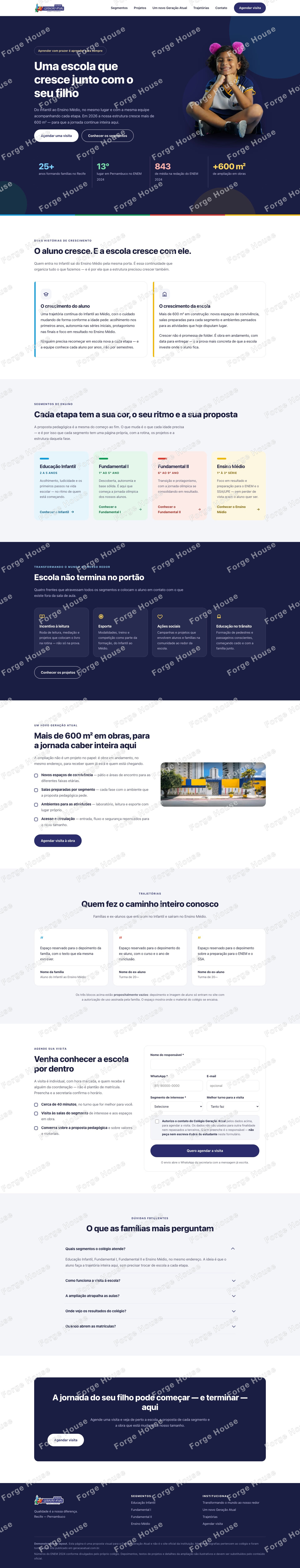 Página inicial do Colégio Geração Atual na versão desktop, do topo ao rodapé