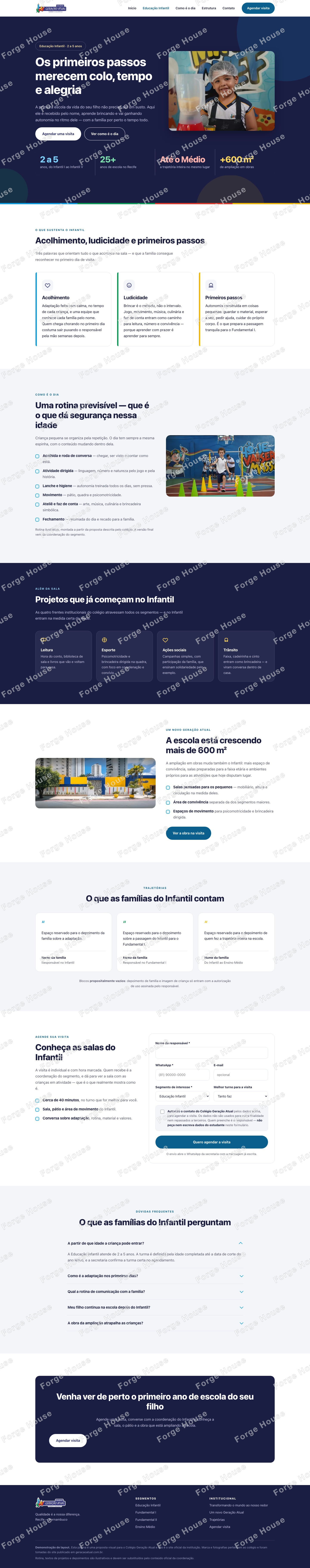 Página da Educação Infantil do Colégio Geração Atual na versão desktop, do topo ao rodapé